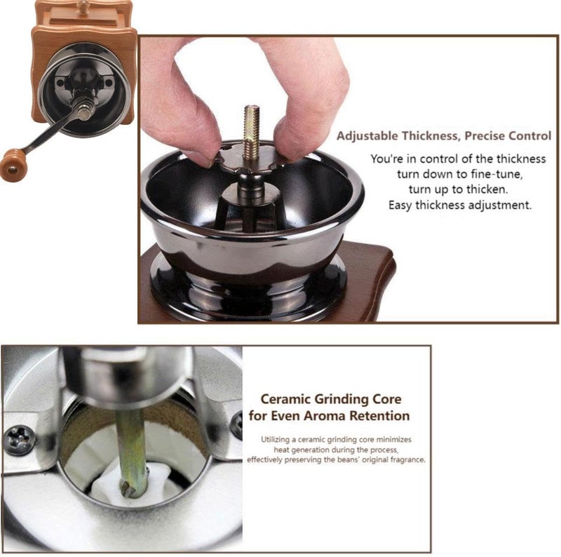 Eitonbu Wooden Manual Coffee Grinder Vintage Style Hand Coffee Mill Burr Coffee Grinder with Ceramic Hand Crank,Wooden Manual Coffee Grinder Cleaning Brush (Light Brown Upgraded Version) - Image 4